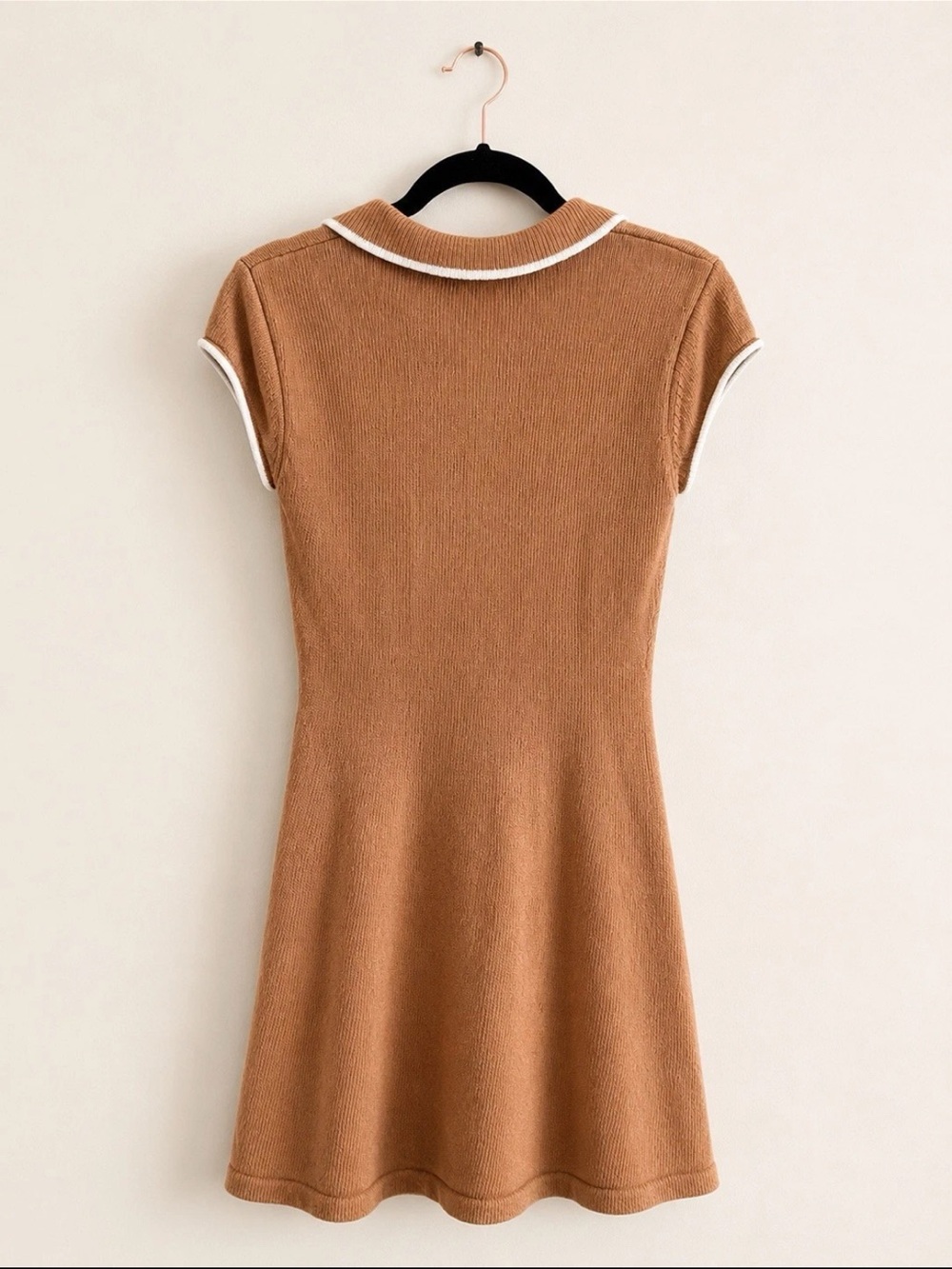 Reformation Camel Brown Knit Polo Mini Dress with White Trim - Picture 2 of 3